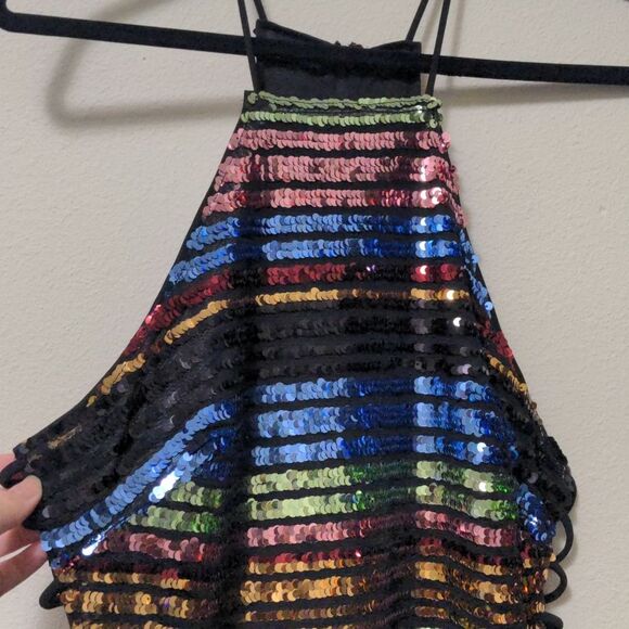 Privy High Neck Rainbow Sequin Mini Dress with Strap Side Cutouts - Picture 2 of 6
